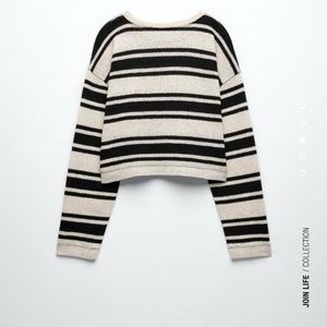 Zara Black Cream White Striped Crop Long Sleeve Sweater